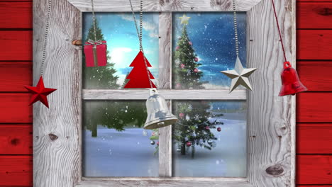 Animation-Von-Weihnachtskugeldekorationen-über-Dem-Fenster-Im-Winterlandschaftshintergrund