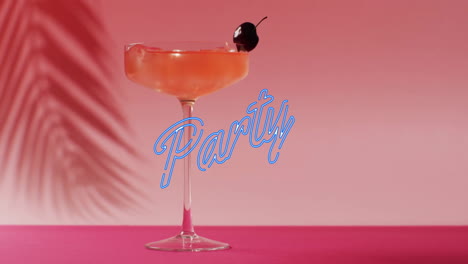 Animation-of-party-neon-text-and-cocktail-on-pink-background