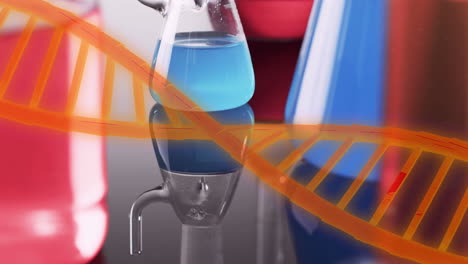 Animation-Eines-DNA-Strangs-über-Laborschalen-Auf-Grauem-Hintergrund