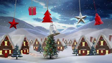 Animation-Von-Weihnachtskugeln-Dekorationen-über-Winterlandschaftshintergrund
