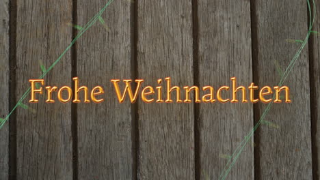 Animation-of-frohe-weihnachten-text-over-fairy-lights-on-wooden-background