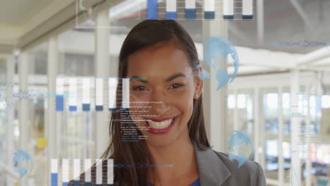 Animation-of-graphs-and-globes-over-smiling-biracial-woman-adjusting-hair-while-standing-in-office