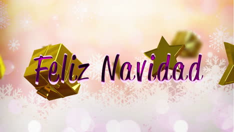 Animation-of-feliz-navidad-text-over-christmas-decorations-on-snow-background