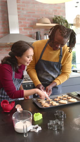 Vertical-video-of-happy-diverse-couple-decorating-christmas-cookies-in-kitchen,-slow-motion