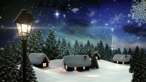 Animation-Von-Schneeflocken-Und-Weihnachtsmann,-Der-Mit-Rentieren-Auf-Einem-Schlitten-über-Häuser-Und-Bäume-Vor-Dem-Himmel-Fährt
