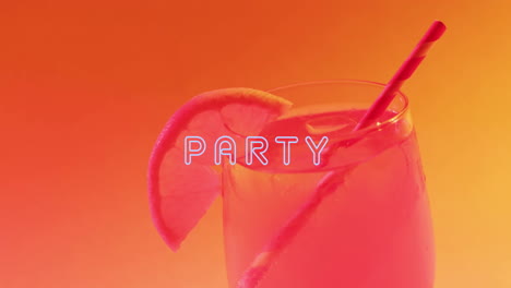 Animation-Von-Party-Neontext-Und-Cocktail-Auf-Orangefarbenem-Hintergrund