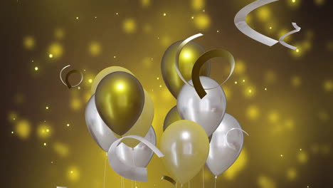 Animation-Von-Goldenen-Und-Silbernen-Luftballons-Mit-Party-Luftschlangen-Auf-Goldenem-Hintergrund