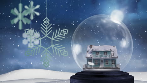 Animation-of-snow-globe-and-snow-falling-on-blue-background