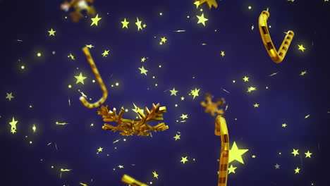 Animation-Von-Weihnachtsdekorationen-über-Fallendem-Schnee-Auf-Blauem-Hintergrund