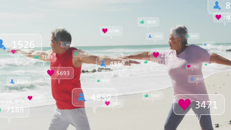 Animation-of-notification-bars-over-senior-diverse-couple-doing-stretching-at-beach