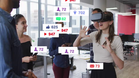 Animation-of-notification-bars,-diverse-woman-wearing-vr-headset-and-giving-feedback-to-coworkers