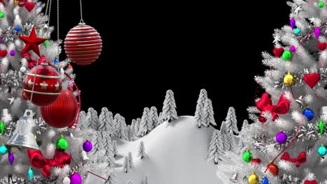 Animation-Von-Weihnachtskugeln-Dekorationen-über-Weihnachtsbäumen-Im-Winterlandschaftshintergrund