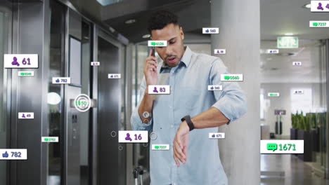 Animation-of-notification-bars-over-biracial-man-looking-at-smartwatch-while-talking-on-cellphone