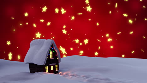 Animación-De-Casa-Y-Estrella-De-Navidad-Cayendo-En-Un-Paisaje-Invernal-Sobre-Fondo-Rojo.
