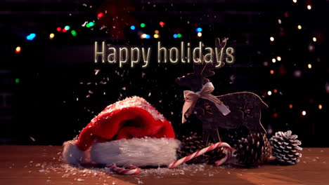 Animation-Eines-Textes-Mit-Frohen-Feiertagen-über-Weihnachtsmütze-Und-Fallendem-Schnee-Im-Hintergrund