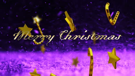 Animación-De-Texto-De-Feliz-Navidad-Sobre-Bastones-De-Caramelo,-Estrellas-Y-Partículas-Rosadas-Sobre-Fondo-Negro