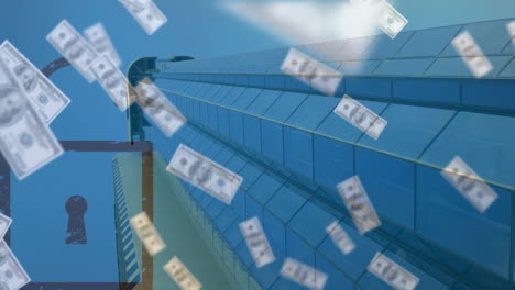 Animation-of-falling-dollar-bills-and-padlock-over-low-angle-view-of-modern-buildings-against-sky