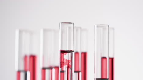 Video-of-glass-laboratory-test-tubes-with-red-liquid-and-copy-space-on-white-background
