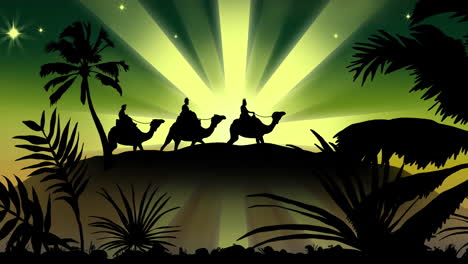 Animation-of-silhouette-of-three-wise-men-on-camels-over-shooting-star-on-green-background