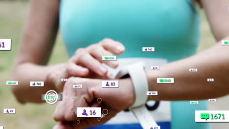 Animation-of-notification-bars-over-midsection-of-female-marathon-runner-checking-smartwatch