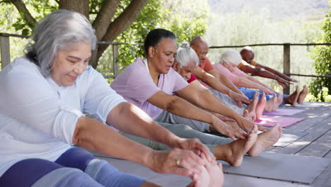 Happy-diverse-senior-yoga-group-sitting-touching-toes-in-sunny-nature,-slow-motion