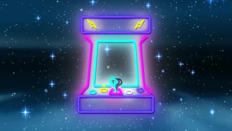 Animation-of-coin-operated-game-machine-over-stars-against-space-in-background