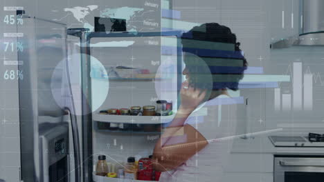 Animation-Einer-Afroamerikanerin,-Die-Mit-Dem-Handy-Telefoniert-Und-Lebensmittel-Aus-Dem-Kühlschrank-Holt