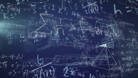 Animation-of-mathematical-equation-and-diagrams-over-blue-background