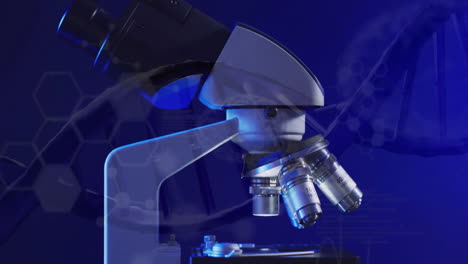 Animation-of-chemical-structures-over-laboratory-microscope-on-blue-background