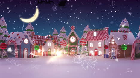 Animation-Von-Schneefall-über-Fröhlichem-Weihnachtstext-Und-Geschmückten-Häusern-Vor-Dem-Mond-Am-Himmel