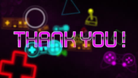 Animation-of-thank-you-text-with-geometric-shapes-and-gaming-consoles-over-black-background