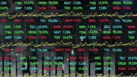 Animation-of-multicolored-trading-board-and-multiple-graphs-over-black-background