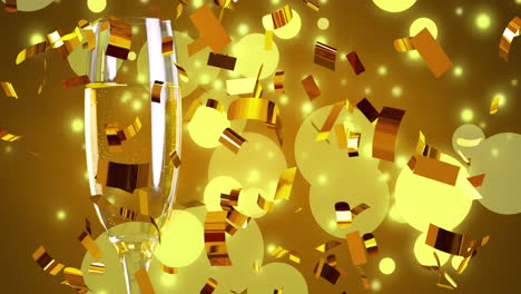 Animation-Von-Konfetti,-Das-über-Ein-Glas-Champagner-Auf-Gelbem-Hintergrund-Fällt