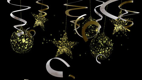 Animation-of-gold-and-silver-streamers-with-fireworks-on-black-background