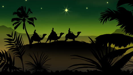 Animation-of-silhouette-of-three-wise-men-on-camels-over-tropical-landscape-on-green-background