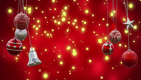 Animation-Von-Weihnachtskugeln-Und-Lichtpunkten,-Die-Auf-Roten-Hintergrund-Fallen