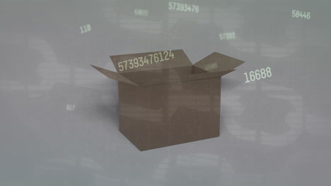 Animation-of-blockchain-and-changing-numbers-over-cardboard-box-against-white-background