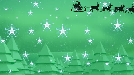 Animation-of-falling-stars,-santa-riding-sleigh-with-reindeers-over-trees-against-green-background