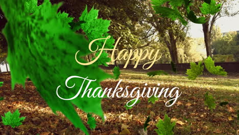 Animation-of-falling-green-leaves-and-happy-thanksgiving-text-over-trees-in-park