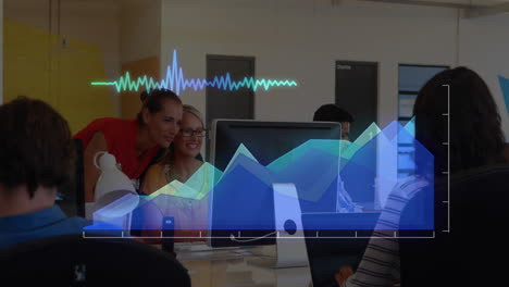 Animation-of-graphs-and-soundwaves-over-caucasian-colleagues-using-computer-and-giving-high-five
