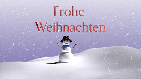 Animation-of-frohe-weihnachten-text-over-snow-falling-and-snowman-in-christmas-scenery-background