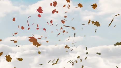 Animation-of-falling-leaves-over-dense-clouds-against-blue-background