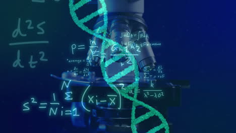 Animation-Des-DNA-Strangs-Und-Der-Wissenschaftlichen-Datenverarbeitung-über-Laborschalen-Auf-Blauem-Hintergrund
