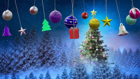 Animation-of-christmas-baubles-over-christmas-trees-and-snow-falling-on-blue-background