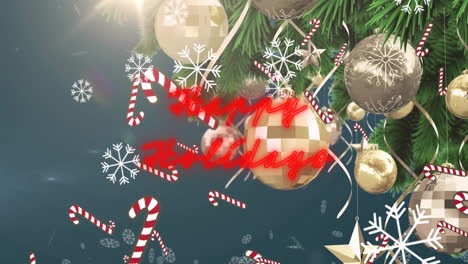Animation-of-happy-holidays-text-with-candy-canes-and-snowflakes-falling-over-christmas-tree
