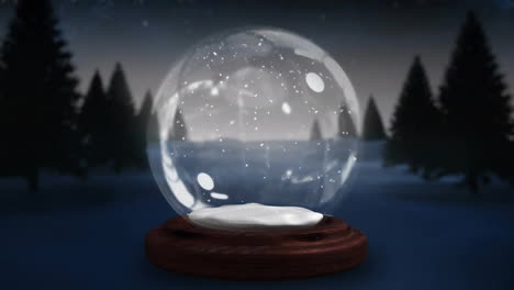 Animation-Von-Linsenreflexionen-Um-Schneefall-In-Einer-Kristallkugel-über-Bäumen-Auf-Schneebedecktem-Land-Vor-Dem-Himmel