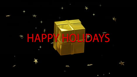 Animation-of-red-happy-holidays-text-with-christmas-gift-box-and-stars-rotating-on-black-background