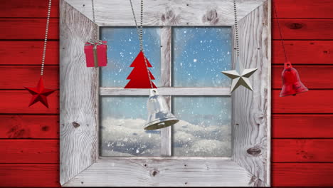 Animation-Von-Weihnachtskugeldekorationen-über-Dem-Fenster-Im-Winterlandschaftshintergrund