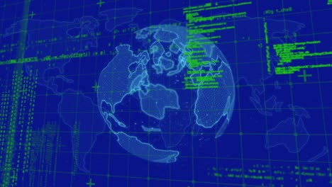Animation-of-grid-pattern,-computer-language-and-rotating-globe-over-blue-background