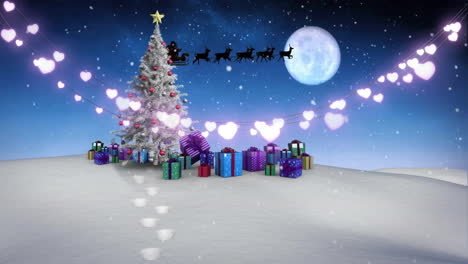 Animation-of-lights,-snowfall-on-gift-boxes-and-decorated-christmas-tree,-santa-riding-sleigh